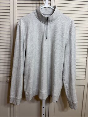 Faherty Men's Light Gray Textured Knit Quarter Zip Large